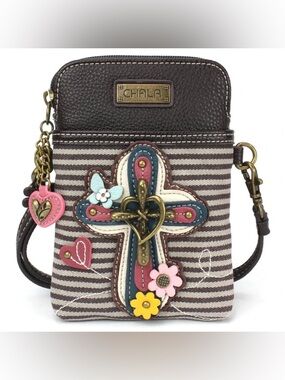 Chala Brown and Gray Striped Crossbody with Floral Cross Applique